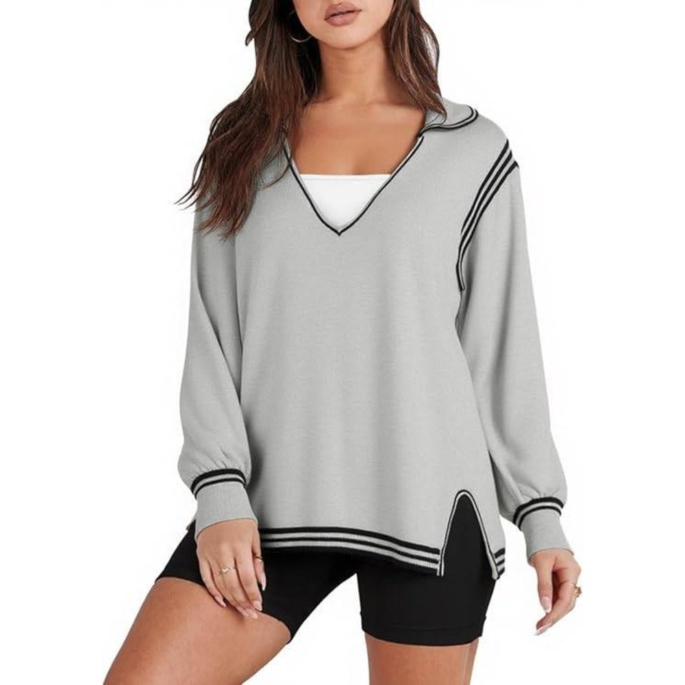 Womens Casual‎ Long Sleeve V Neck Striped Trim Sweater Light Gray-Size Large